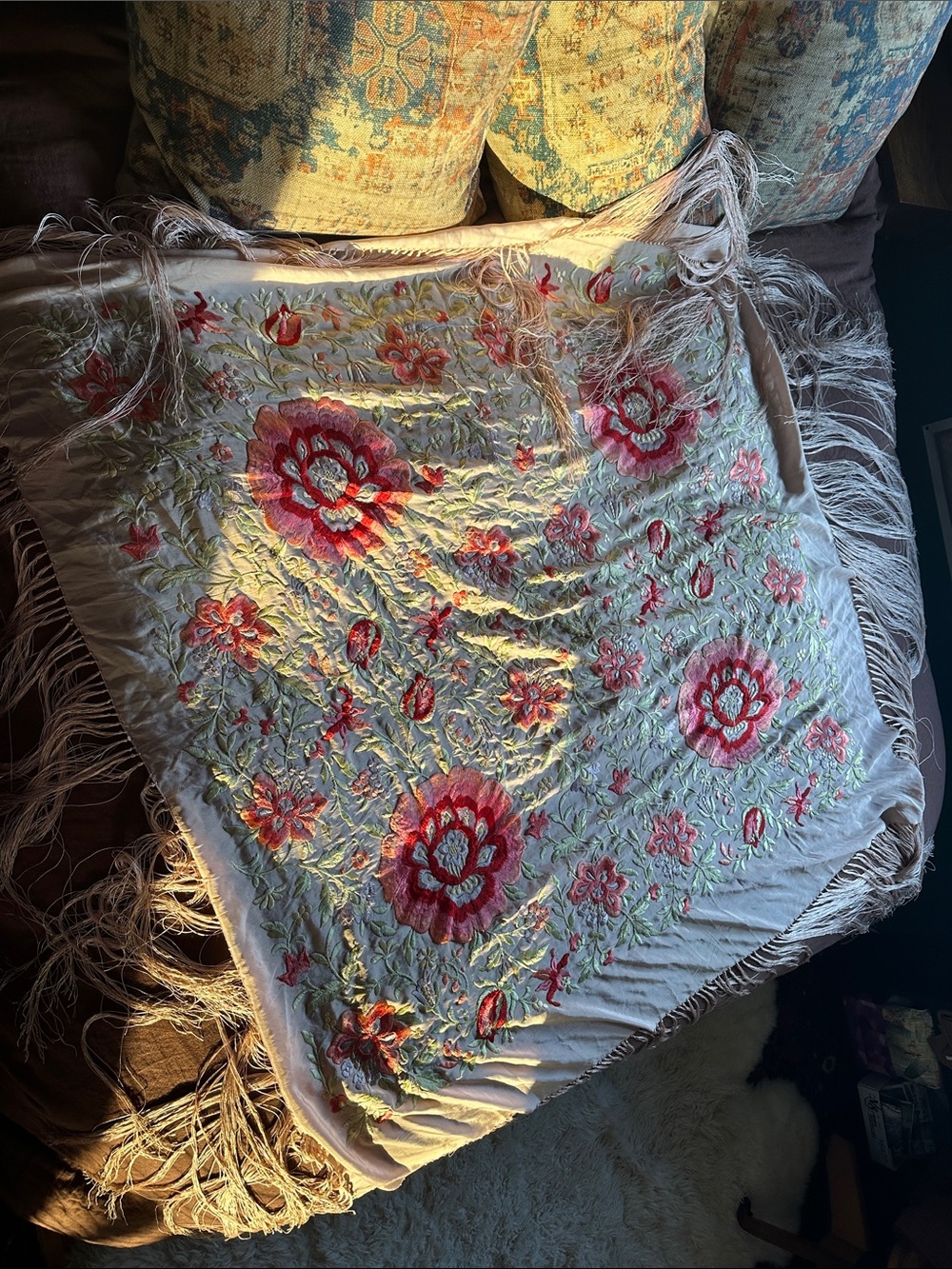 Vintage Silk Piano Shawl Hand-Embroidered Floral in Pale Pink- hot pink flowers - Picture 15 of 16